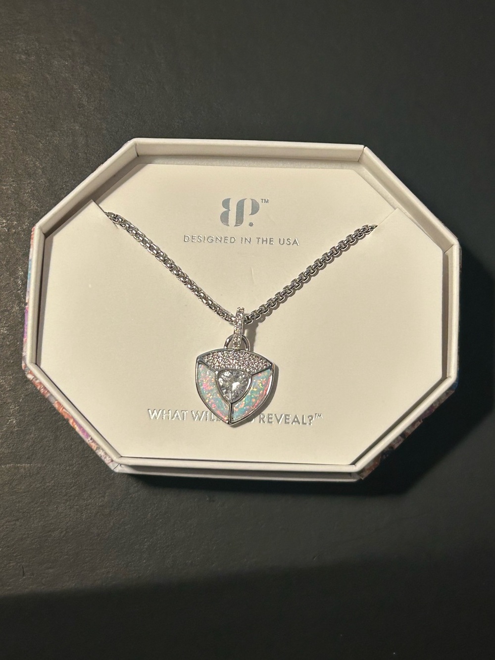 Wrapped In What Matters: Milky White Opal on Rhodium - Picture 2 of 4